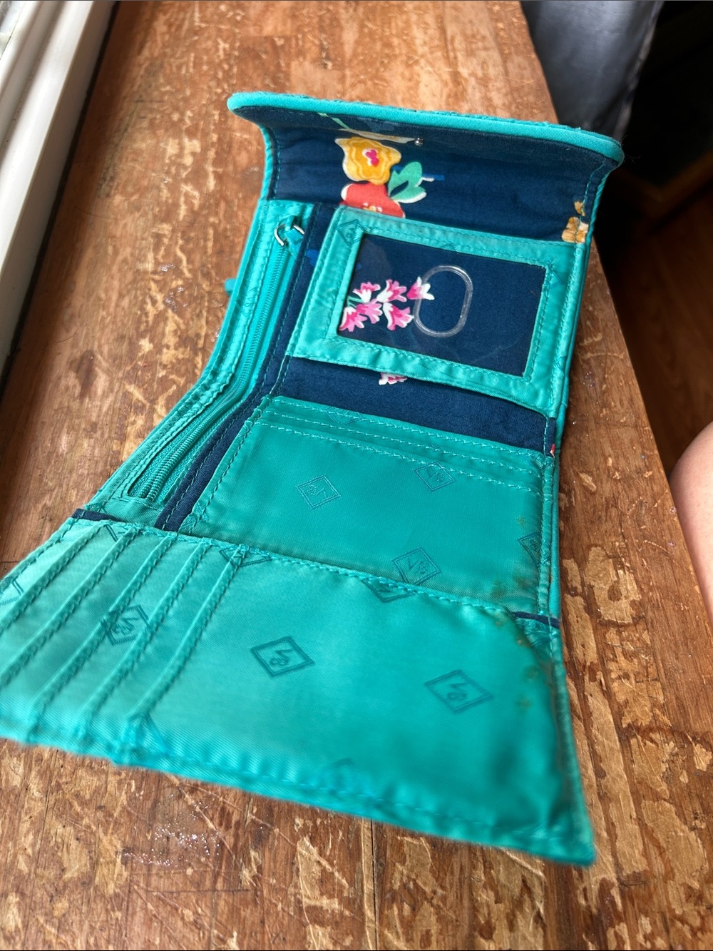 Vera Bradley Teal Floral Trifold Wallet with ID Window
